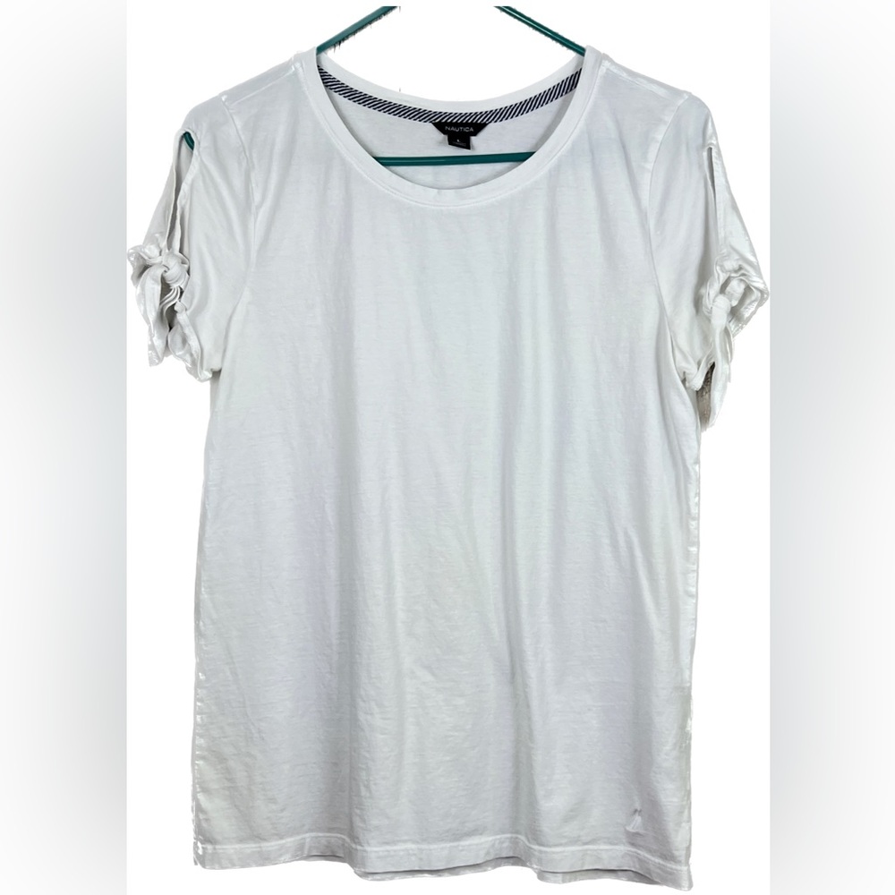 Nautica Large White Short Sleeve Crewneck Top with Ties on the Sleeves